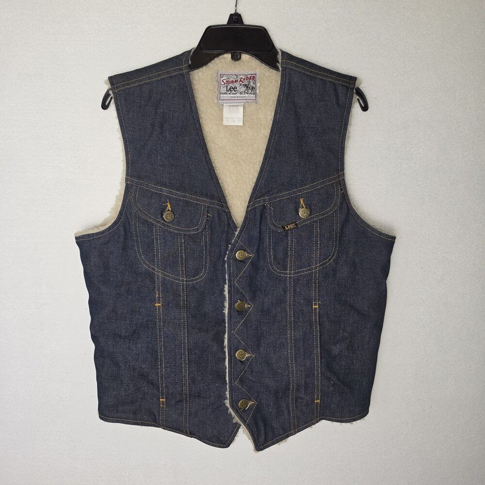 Vintage 70s Lee Storm Rider Denim Sherpa Vest Western Made In USA Mens Medium